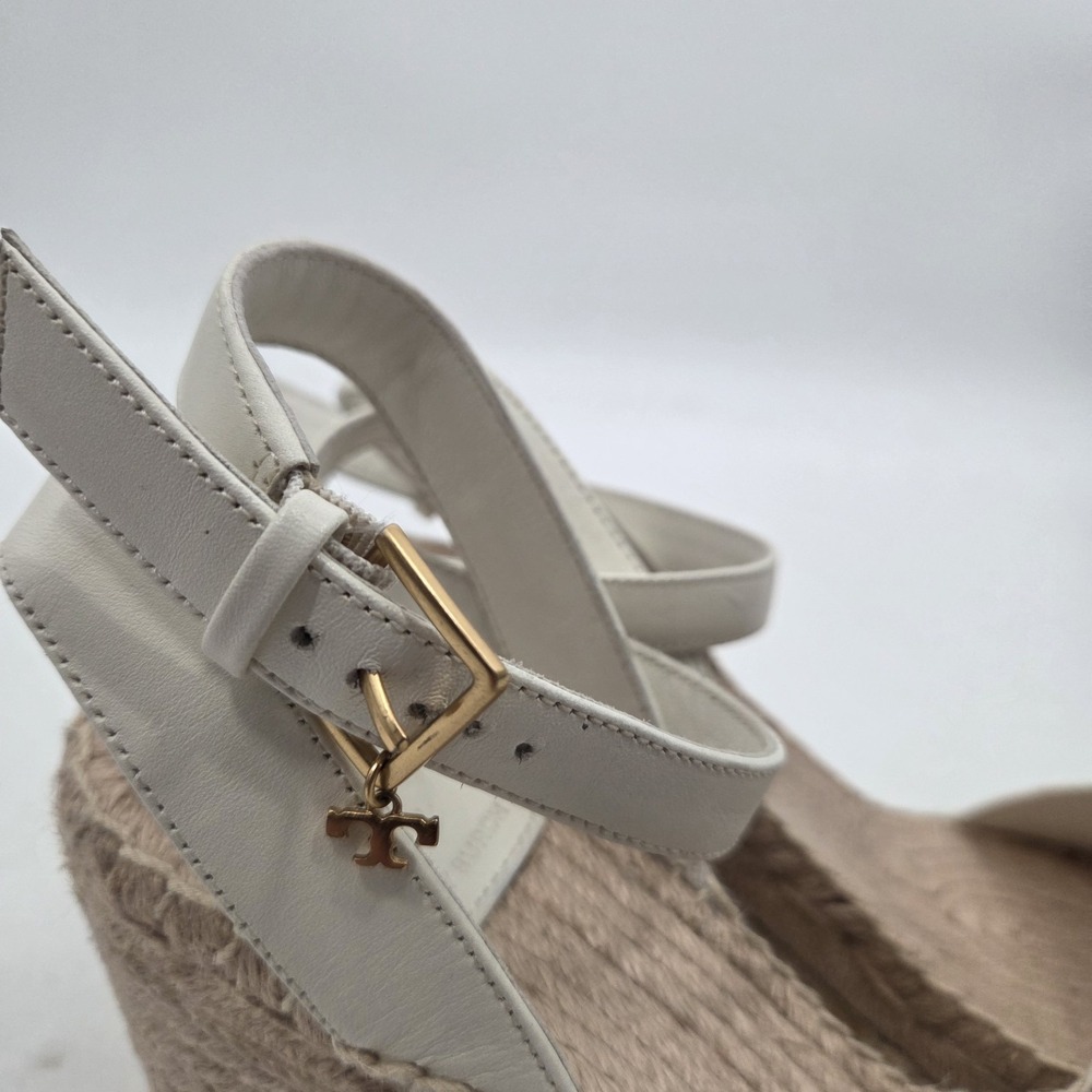 Tory Burch SZ 9 Laurel Wedge Espadrille Sandals Leather Beige White - Picture 2 of 7